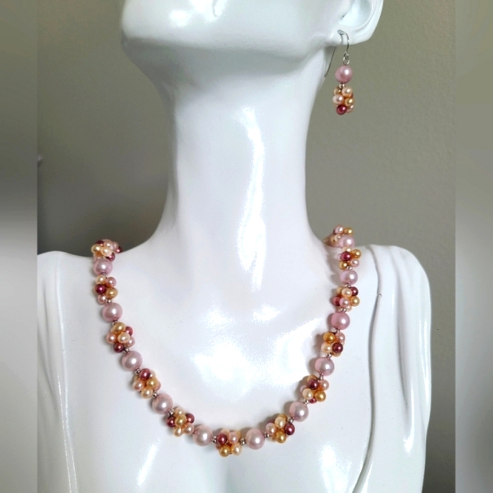 Vintage Boho HONORA Colurful Pearl Cluster Strand Necklace Drop Dangle Earrings